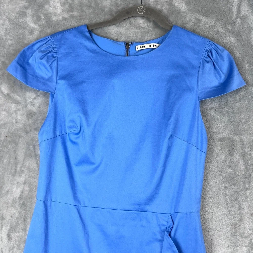 Alice + Olivia Dress 8 Blue Ruffle Wrap Skirt Fit and Flare Puff Sleeve Mini